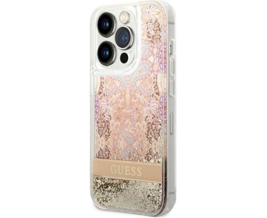 Guess GUHCP14LLFLSD Paisley Liquid Glitter Aizsargapvalks priekš iPhone 14 Pro 6,1" / zelta Neoriģinālie Maciņi