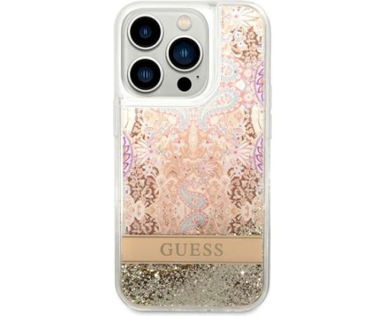 Guess GUHCP14LLFLSD Paisley Liquid Glitter Aizsargapvalks priekš iPhone 14 Pro 6,1" / zelta Neoriģinālie Maciņi