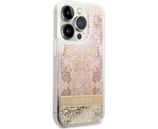 Guess GUHCP14LLFLSD Paisley Liquid Glitter Aizsargapvalks priekš iPhone 14 Pro 6,1" / zelta Neoriģinālie Maciņi