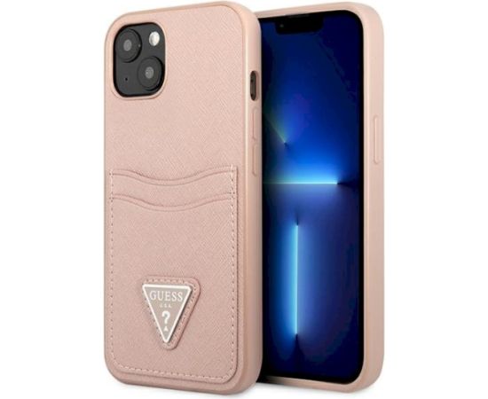 Guess GUHCP13SPSATPP Saffiano Triangle Logo Cardslot Aizsargapvalks priekš iPhone 13 mini 5,4" / rozā Neoriģinālie Maciņi