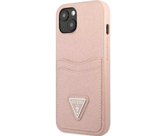 Guess GUHCP13SPSATPP Saffiano Triangle Logo Cardslot Aizsargapvalks priekš iPhone 13 mini 5,4" / rozā Neoriģinālie Maciņi