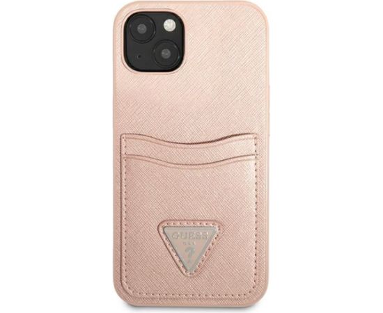 Guess GUHCP13SPSATPP Saffiano Triangle Logo Cardslot Aizsargapvalks priekš iPhone 13 mini 5,4" / rozā Neoriģinālie Maciņi