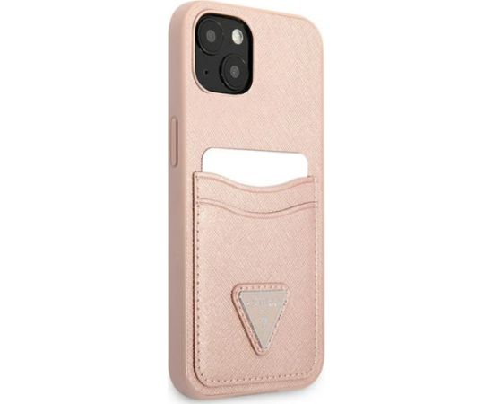 Guess GUHCP13SPSATPP Saffiano Triangle Logo Cardslot Aizsargapvalks priekš iPhone 13 mini 5,4" / rozā Neoriģinālie Maciņi