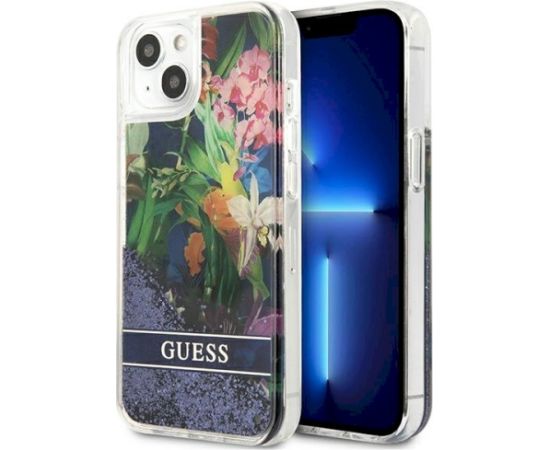 Guess GUHCP13SLFLSB Flower Liquid Glitter Hardcase Aizsargapvalks priekš iPhone 13 mini 5,4" / zils Neoriģinālie Maciņi