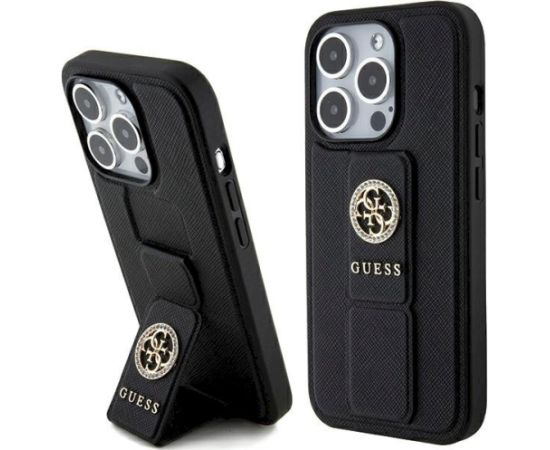 Guess GUHCP15XPGSSADK Grip Stand 4G Saffiano Strass Aizsargapvalks priekš iPhone 15 Pro Max 6.7" / melns Neoriģinālie Maciņi
