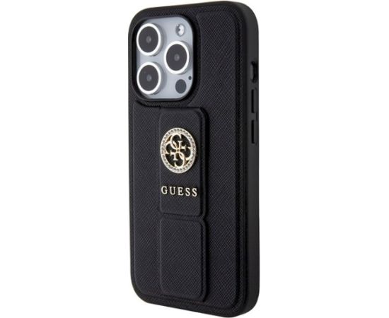 Guess GUHCP15XPGSSADK Grip Stand 4G Saffiano Strass Aizsargapvalks priekš iPhone 15 Pro Max 6.7" / melns Neoriģinālie Maciņi