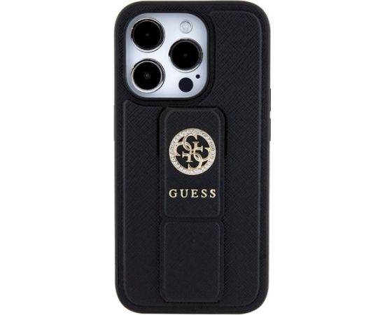 Guess GUHCP15XPGSSADK Grip Stand 4G Saffiano Strass Aizsargapvalks priekš iPhone 15 Pro Max 6.7" / melns Neoriģinālie Maciņi