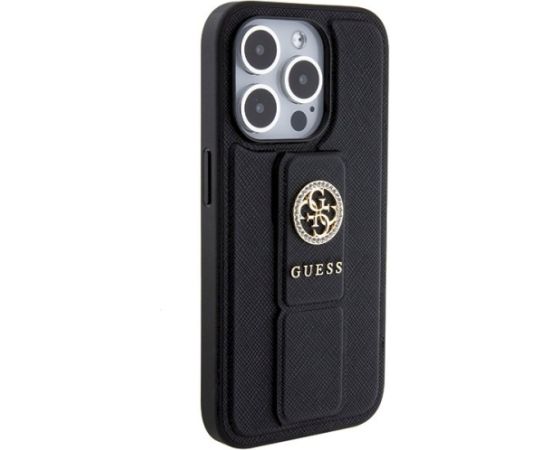 Guess GUHCP15XPGSSADK Grip Stand 4G Saffiano Strass Aizsargapvalks priekš iPhone 15 Pro Max 6.7" / melns Neoriģinālie Maciņi