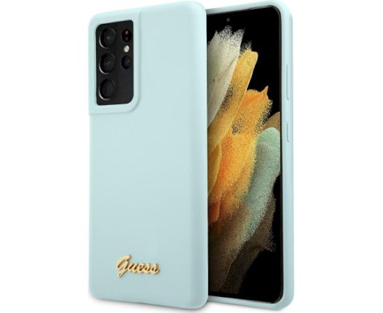 Guess GUHCS21LLSLMGLB Silicone Script Metal Logo Aizsargapvalks priekš Samsung Galaxy S21 Ultra G998 / zils Neoriģinālie Maciņi