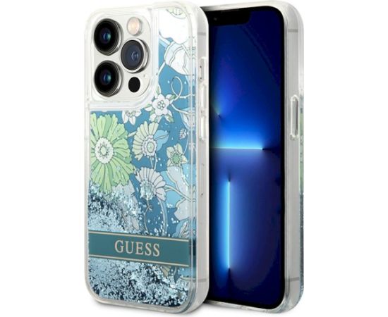 Guess GUHCP14XLFLSN Flower Liquid Glitter Aizsargapvalks priekš iPhone 14 Pro Max 6,7" / zaļš Neoriģinālie Maciņi