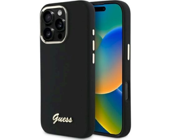 Guess GUHCP16XSMBSLK Silicone Script Metal Logo & Frame Aizsargapvalks priekš iPhone 16 Pro Max 6.9" / melns Neoriģinālie Maciņi