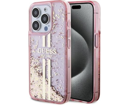 Guess GUHCP15LLFCSEGP Aizsargapvalks priekš iPhone 15 Pro 6.1" Liquid Glitter Gold Stripes / rozā Neoriģinālie Maciņi