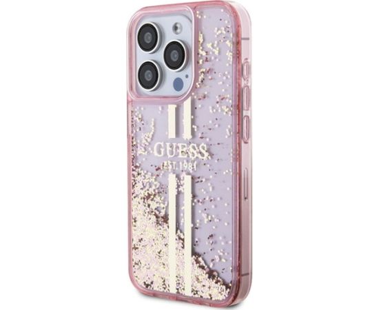 Guess GUHCP15LLFCSEGP Aizsargapvalks priekš iPhone 15 Pro 6.1" Liquid Glitter Gold Stripes / rozā Neoriģinālie Maciņi