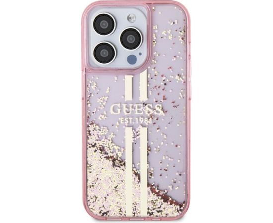Guess GUHCP15LLFCSEGP Aizsargapvalks priekš iPhone 15 Pro 6.1" Liquid Glitter Gold Stripes / rozā Neoriģinālie Maciņi