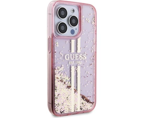 Guess GUHCP15LLFCSEGP Aizsargapvalks priekš iPhone 15 Pro 6.1" Liquid Glitter Gold Stripes / rozā Neoriģinālie Maciņi