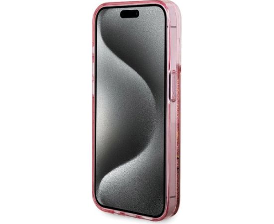 Guess GUHCP15LLFCSEGP Aizsargapvalks priekš iPhone 15 Pro 6.1" Liquid Glitter Gold Stripes / rozā Neoriģinālie Maciņi