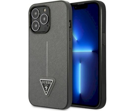 Guess GUHCP14XPSATLG Saffiano Triangle Logo Aizsargapvalks priekš iPhone 14 Pro Max 6,7" / sudraba Neoriģinālie Maciņi