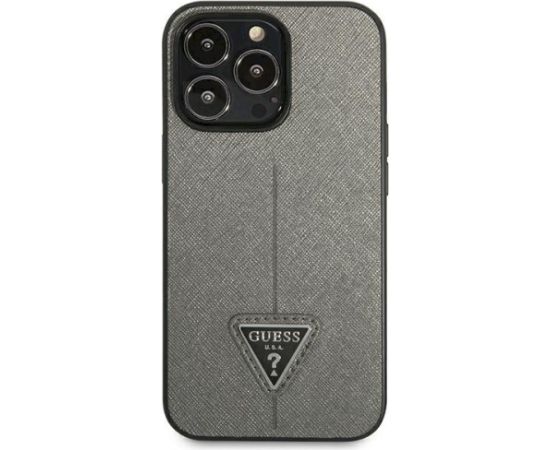 Guess GUHCP14XPSATLG Saffiano Triangle Logo Aizsargapvalks priekš iPhone 14 Pro Max 6,7" / sudraba Neoriģinālie Maciņi