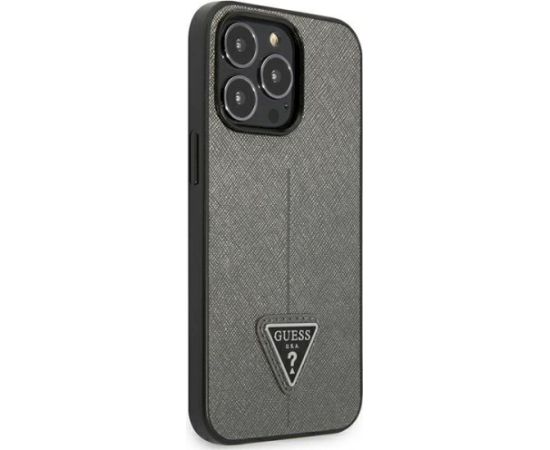 Guess GUHCP14XPSATLG Saffiano Triangle Logo Aizsargapvalks priekš iPhone 14 Pro Max 6,7" / sudraba Neoriģinālie Maciņi