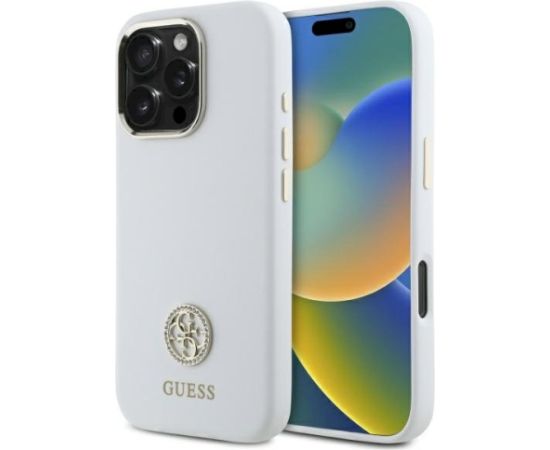Guess GUHCP16LM4DGPH Silicone Logo Strass 4G Aizsargapvalks priekš iPhone 16 Pro 6.3" / balts Neoriģinālie Maciņi