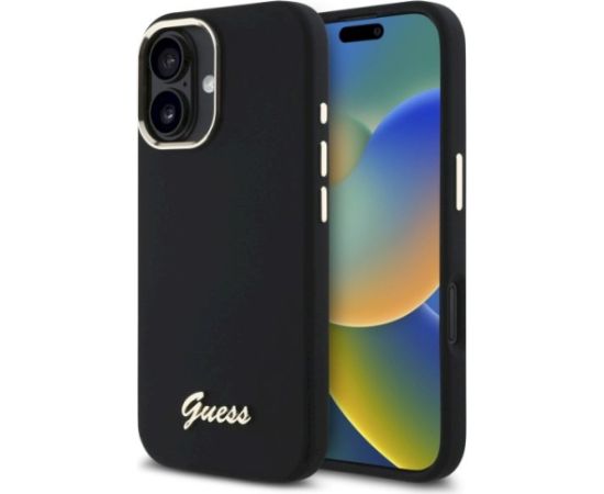 Guess GUHCP16SSMBSLK Silicone Script Metal Logo & Frame Aizsargapvalks priekš iPhone 16 6.1" / melns Neoriģinālie Maciņi