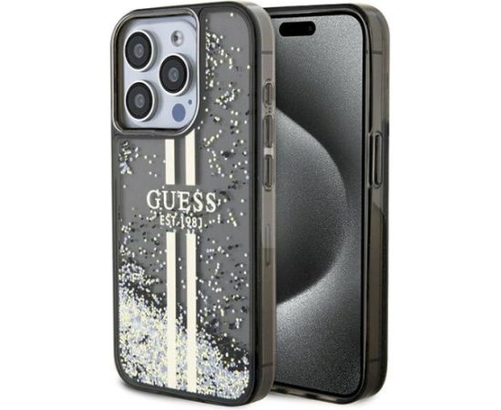 Guess GUHCP15LLFCSEGK Hardcase Liquid Glitter Gold Stripes Aizsargapvalks priekš iPhone 15 Pro 6.1" / melns Neoriģinālie Maciņi