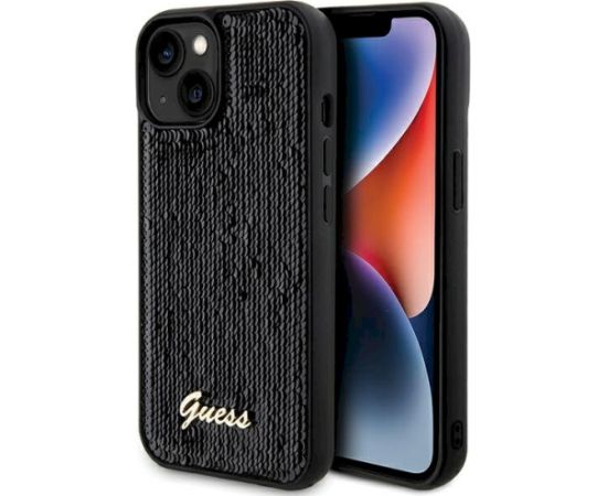 Guess GUHCP14SPSFDGSK Hardcase Sequin Script Metal Aizsargapvalks priekš iPhone 14 / 15 / 13 6.1" / melns Neoriģinālie Maciņi