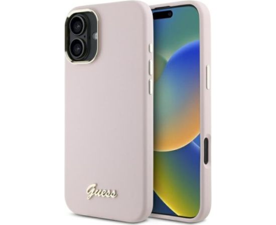 Guess GUHCP16SSMBSLP Silicone Script Metal Logo & Frame Aizsargapvalks priekš iPhone 16 6.1" / rozā Neoriģinālie Maciņi