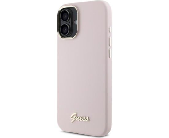 Guess GUHCP16SSMBSLP Silicone Script Metal Logo & Frame Aizsargapvalks priekš iPhone 16 6.1" / rozā Neoriģinālie Maciņi