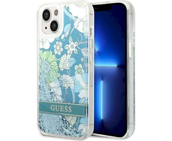 Guess GUHCP14SLFLSN Hardcase Flower Liquid Glitter Aizsargapvalks priekš iPhone 14 / 15 / 13 6.1" / zaļš Neoriģinālie Maciņi