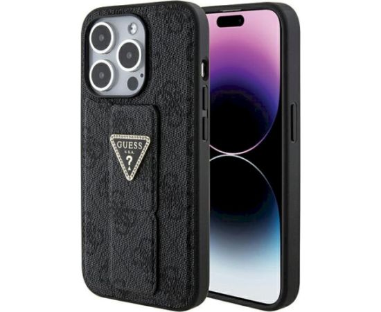 Guess GUHCP15XPGS4TDK Grip Stand 4G Triangle Strass Aizsargapvalks priekš iPhone 15 Pro Max 6.7" / melns Neoriģinālie Maciņi