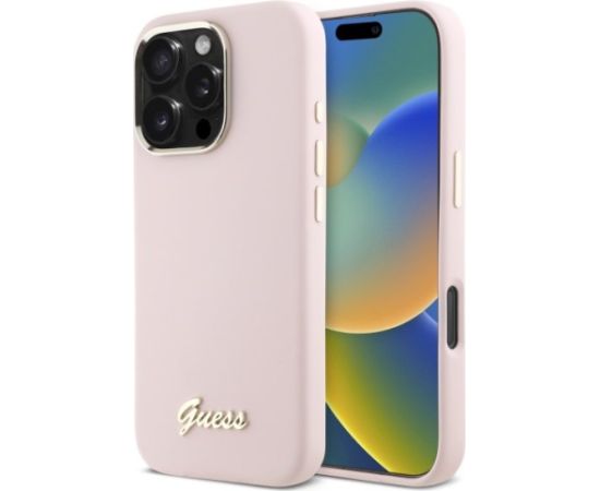 Guess GUHCP16LSMBSLP Hardcase Silicone Script Metal Logo & Frame Aizsargapvalks priekš iPhone 16 Pro 6.3" / rozā Neoriģinālie Maciņi