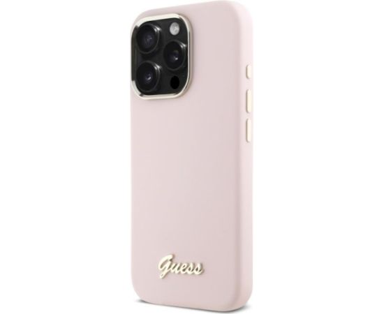 Guess GUHCP16LSMBSLP Hardcase Silicone Script Metal Logo & Frame Aizsargapvalks priekš iPhone 16 Pro 6.3" / rozā Neoriģinālie Maciņi