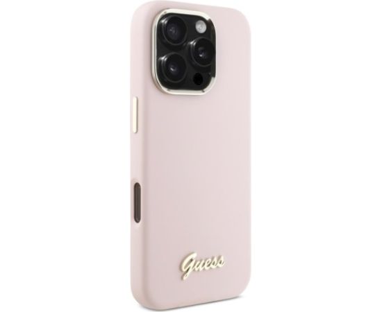Guess GUHCP16LSMBSLP Hardcase Silicone Script Metal Logo & Frame Aizsargapvalks priekš iPhone 16 Pro 6.3" / rozā Neoriģinālie Maciņi
