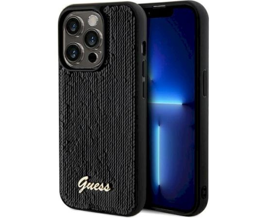 Guess GUHCP14XPSFDGSK Sequin Script Metal Aizsargapvalks priekš iPhone 14 Pro Max 6.7" / melns Neoriģinālie Maciņi