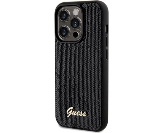 Guess GUHCP14XPSFDGSK Sequin Script Metal Aizsargapvalks priekš iPhone 14 Pro Max 6.7" / melns Neoriģinālie Maciņi