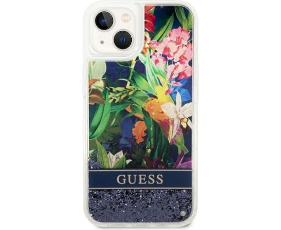 Guess GUHCP14SLFLSB Flower Liquid Glitter Aizsargapvalks priekš iPhone 14 / 15 / 13 6.1" / zils Neoriģinālie Maciņi