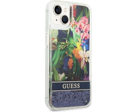 Guess GUHCP14SLFLSB Flower Liquid Glitter Aizsargapvalks priekš iPhone 14 / 15 / 13 6.1" / zils Neoriģinālie Maciņi
