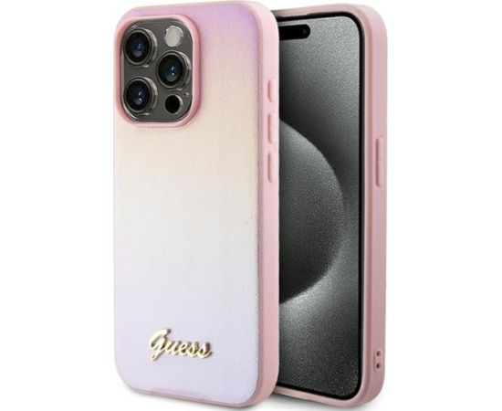 Guess GUHCP15XPSAIRSP Saffiano Iridescent Script Aizsargapvalks priekš iPhone 15 Pro Max 6.7" / rozā Neoriģinālie Maciņi