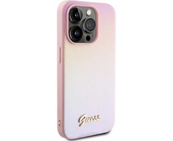 Guess GUHCP15XPSAIRSP Saffiano Iridescent Script Aizsargapvalks priekš iPhone 15 Pro Max 6.7" / rozā Neoriģinālie Maciņi