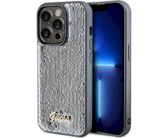 Guess GUHCP14XPSFDGSS Sequin Script Metal Aizsargapvalks priekš iPhone 14 Pro Max 6.7" / sudraba Neoriģinālie Maciņi