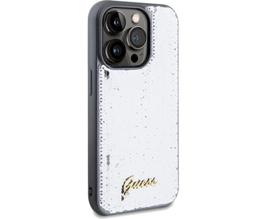 Guess GUHCP14XPSFDGSS Sequin Script Metal Aizsargapvalks priekš iPhone 14 Pro Max 6.7" / sudraba Neoriģinālie Maciņi