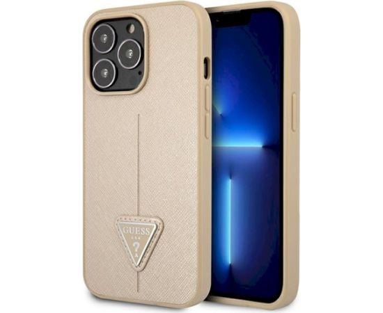 Guess GUHCP14XPSATLE Saffiano Triangle Logo Aizsargapvalks priekš iPhone 14 Pro Max 6,7" / bēšs Neoriģinālie Maciņi