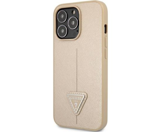 Guess GUHCP14XPSATLE Saffiano Triangle Logo Aizsargapvalks priekš iPhone 14 Pro Max 6,7" / bēšs Neoriģinālie Maciņi