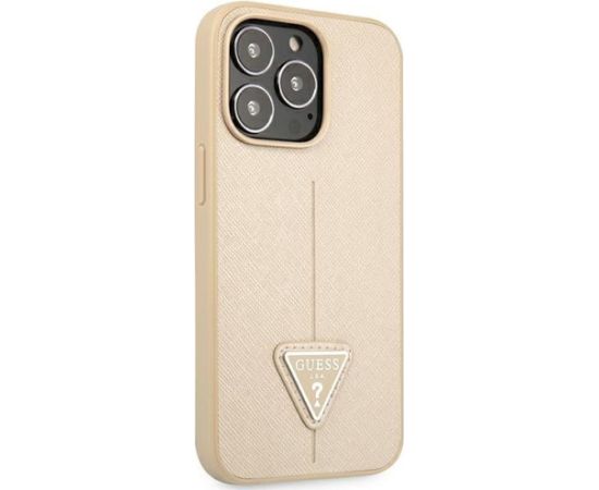 Guess GUHCP14XPSATLE Saffiano Triangle Logo Aizsargapvalks priekš iPhone 14 Pro Max 6,7" / bēšs Neoriģinālie Maciņi