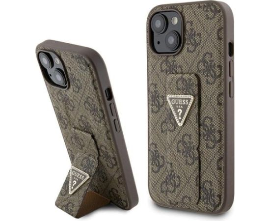 Guess GUHCP15SPGS4TDW Hardcase Grip Stand 4G Triangle Strass Aizsargapvalks priekš iPhone 15 / 14 / 13 6.1" / brūns Neoriģinālie Maciņi