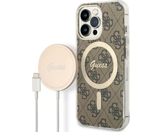 Guess Set GUBPP13LH4EACSW Case+ Charger Hard Case 4G Print MagSafe Aizsargapvalks priekš iPhone 13 Pro / brūns Neoriģinālie Maciņi