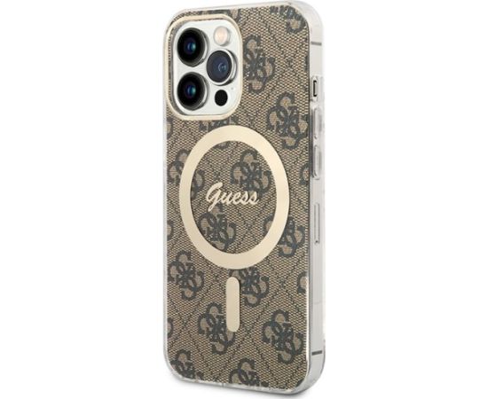 Guess Set GUBPP13LH4EACSW Case+ Charger Hard Case 4G Print MagSafe Aizsargapvalks priekš iPhone 13 Pro / brūns Neoriģinālie Maciņi