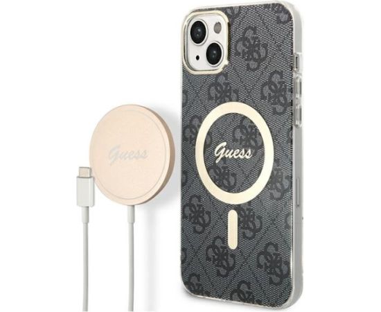 Guess Set GUBPP14SH4EACSK Aizsargapvalks un lādētājs priekš iPhone 14 / 15 / 13 6,1" / melns hard case 4G Print M Neoriģinālie Maciņi