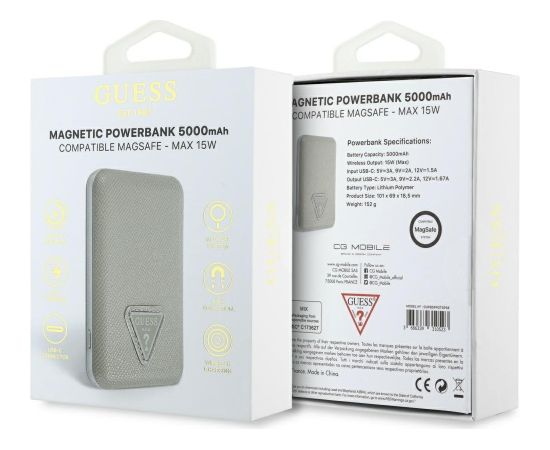 Power Bank Guess Grained Triangle Uzlādes akumulators 5000mAh 15W USB-C MagSafe Inductive / bēšs Power Banks